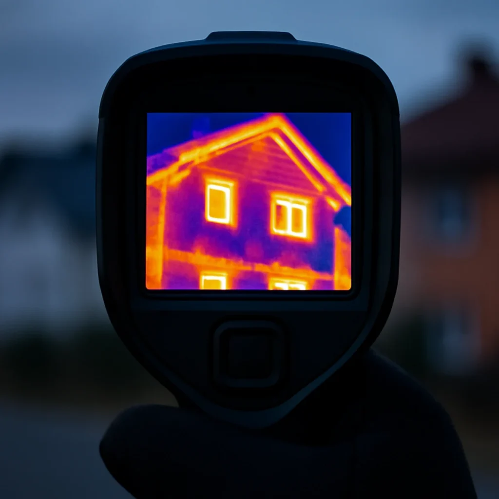 Audyt energetyczny co to jest – obraz z kamery termowizyjnej z rozkładem ciepła na elewacji.