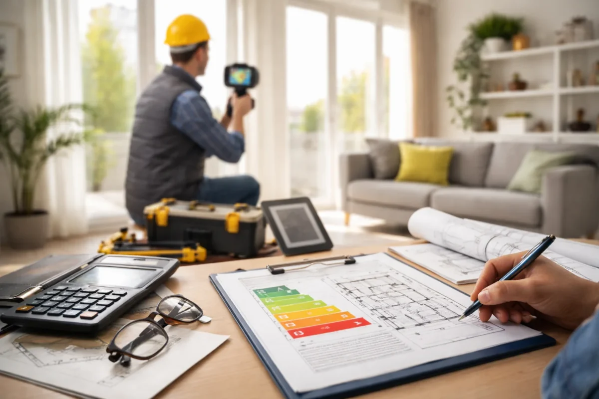 Audyt energetyczny domu w nowoczesnym salonie z kamerą termowizyjną i dokumentacją techniczną