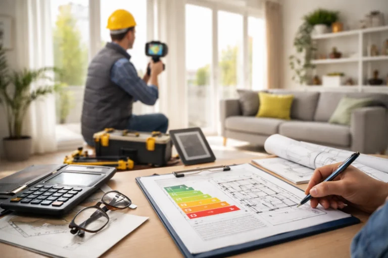 Audyt energetyczny domu w nowoczesnym salonie z kamerą termowizyjną i dokumentacją techniczną