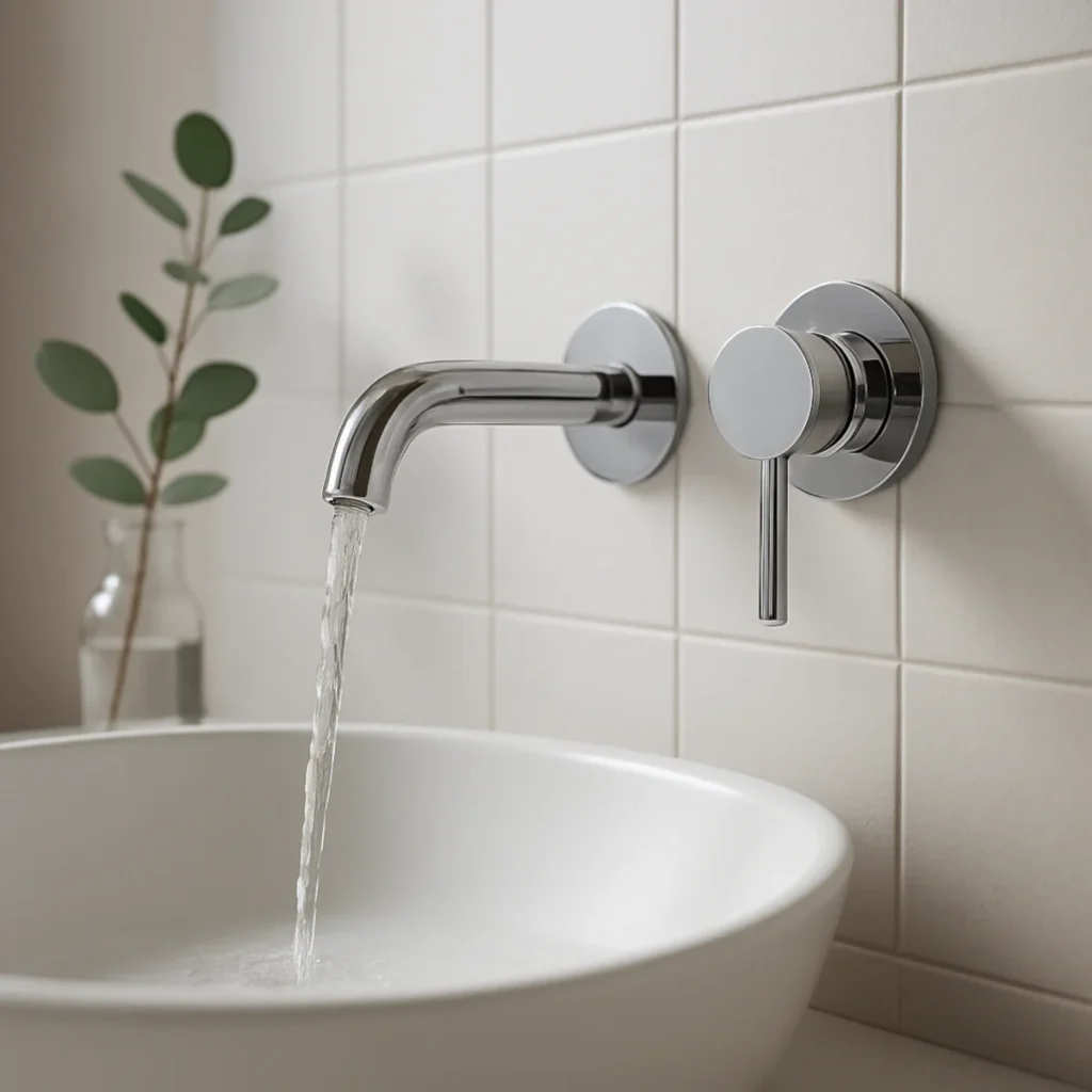 Bateria łazienkowa ścienna nad umywalką – chromowana wylewka z delikatnym strumieniem wody, jasne matowe płytki, minimalizm.