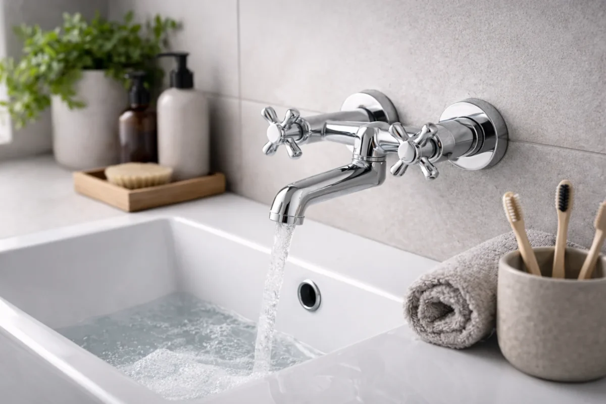 Chromowana bateria łazienkowa ścienna z dwoma pokrętłami nad białą umywalką w nowoczesnej łazience