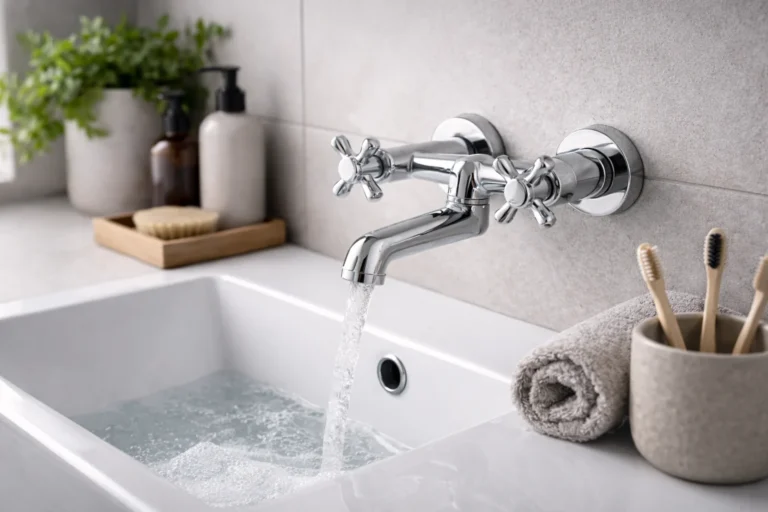 Chromowana bateria łazienkowa ścienna z dwoma pokrętłami nad białą umywalką w nowoczesnej łazience