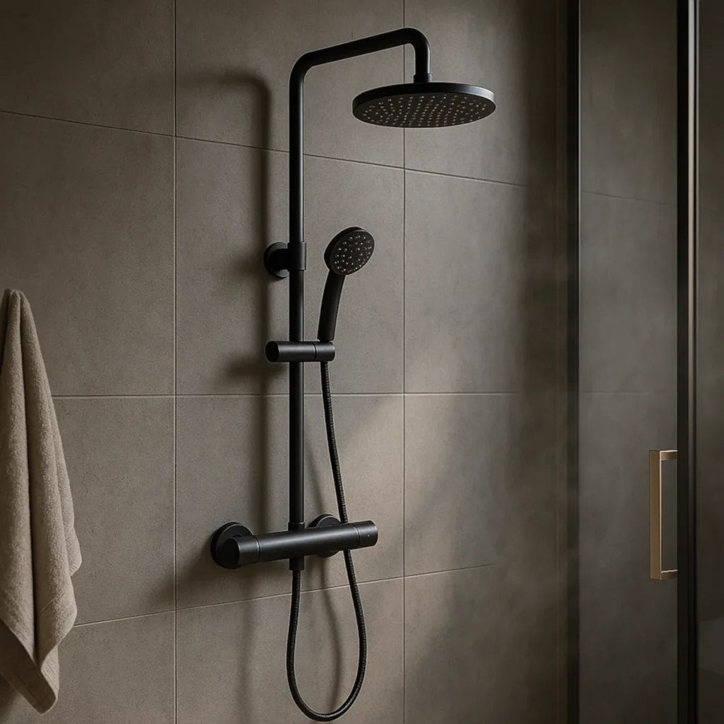 Bateria łazienkowa ścienna w prysznicu – czarny mat z termostatem, deszczownia i słuchawka na tle szarych płytek.
