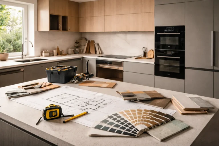 Nowoczesna kuchnia w zabudowie z próbkami materiałów, projektem i narzędziami na blacie