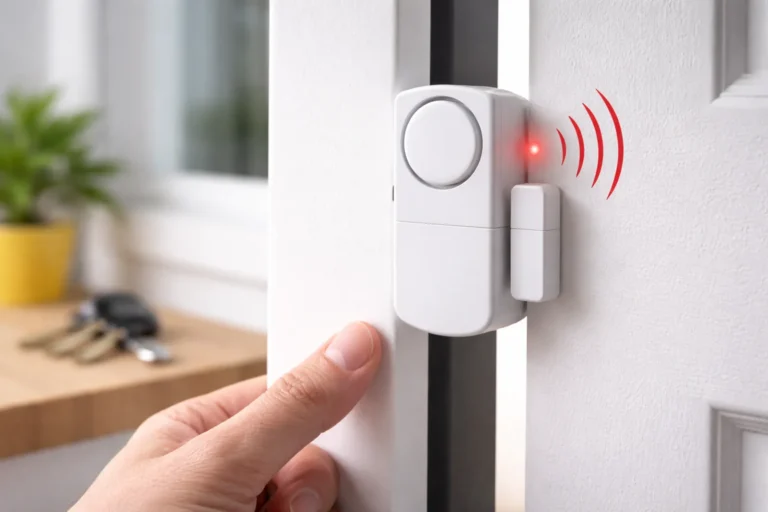 Czujnik otwarcia drzwi z alarmem zamontowany na białych drzwiach wejściowych w domu