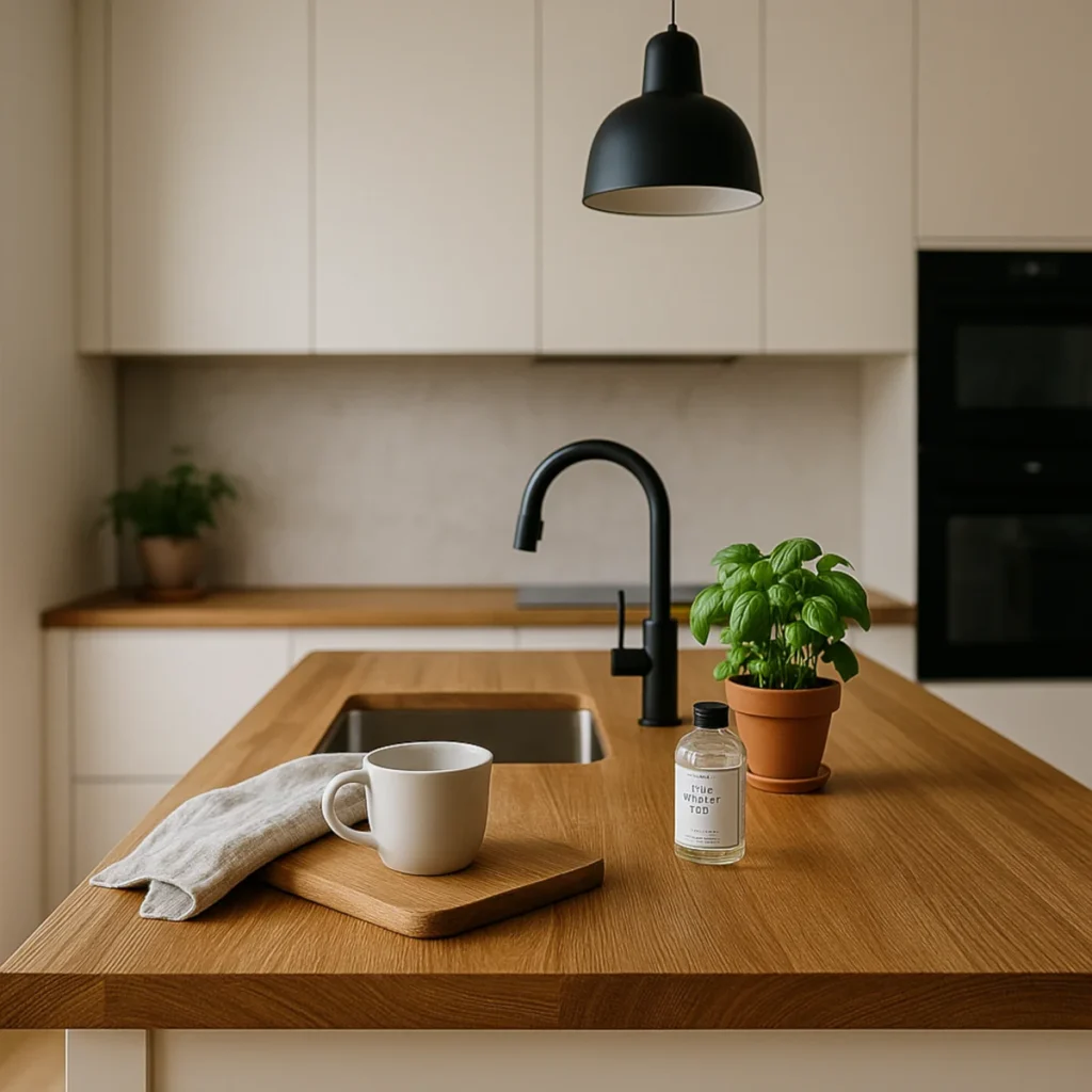 Drewniane blaty w kuchni – wyspa z dębowym blatem, czarną baterią i doniczką z bazylią w nowoczesnej zabudowie.