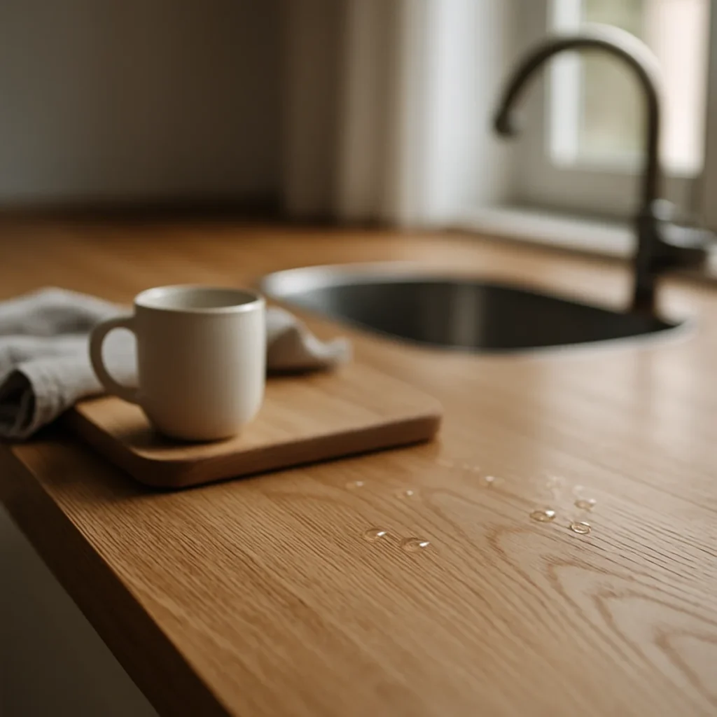 Drewniane blaty w kuchni – zbliżenie na olejowany dębowy blat przy zlewie, krople wody i naturalne usłojenie.