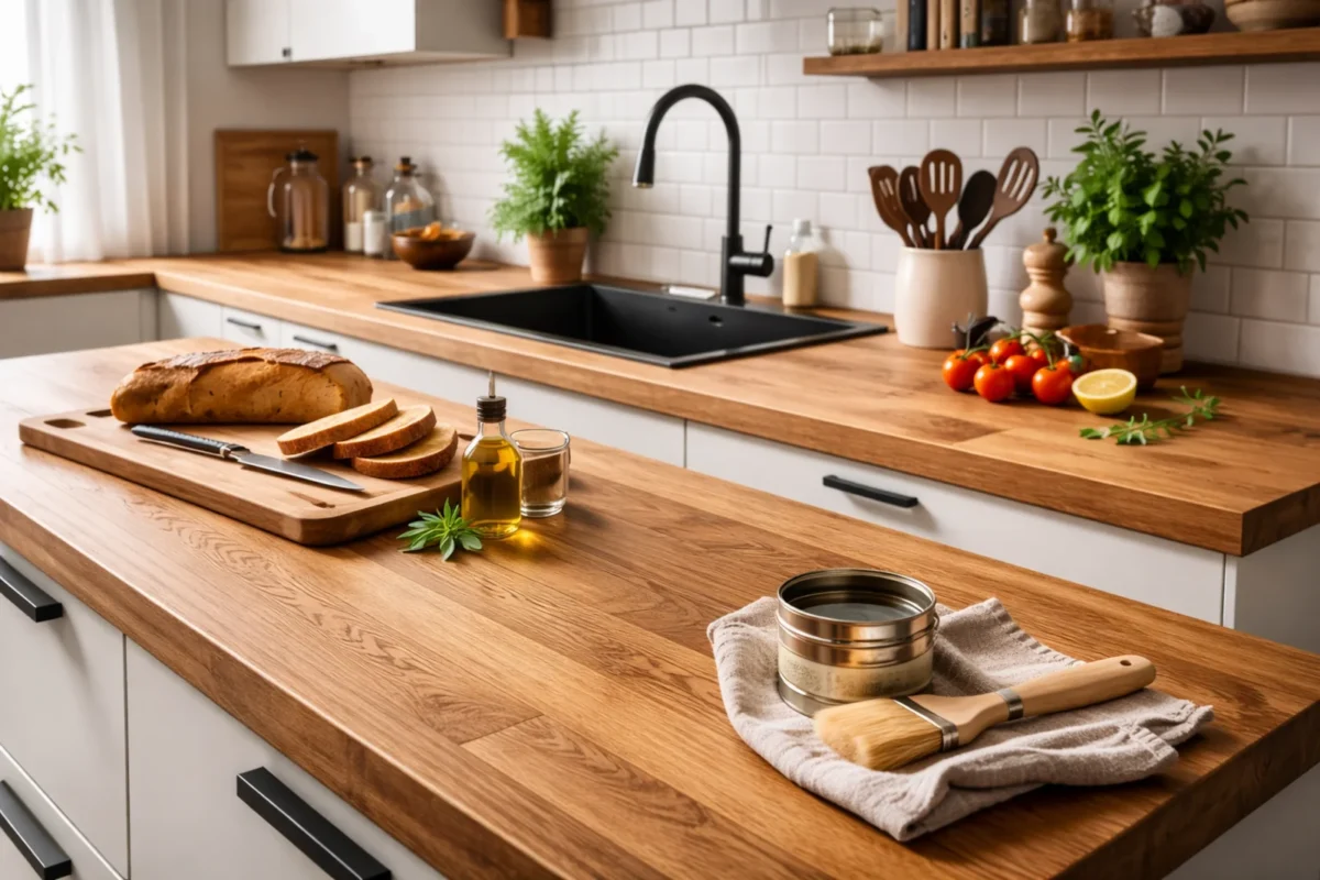 Drewniane blaty w kuchni w nowoczesnej jasnej aranżacji z czarnym zlewem