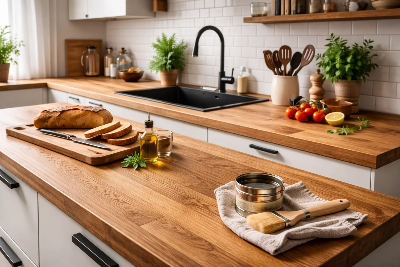 Drewniane blaty w kuchni w nowoczesnej jasnej aranżacji z czarnym zlewem