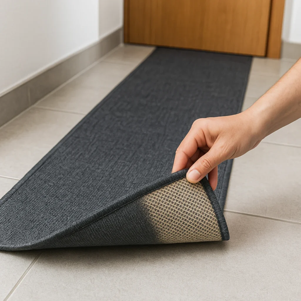 Wąski dywan antypoślizgowy w korytarzu na płytkach, widoczny spód żelowy