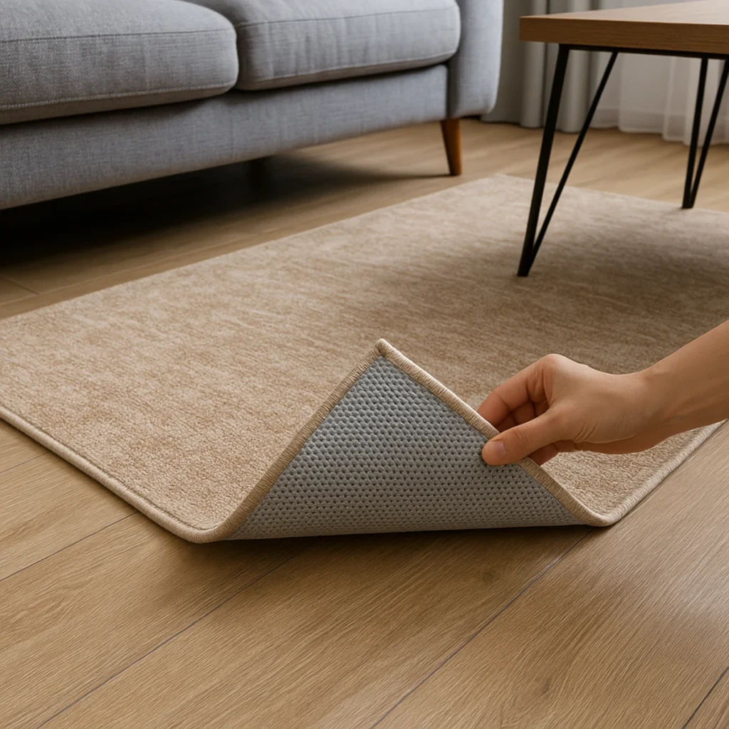 Dywan antypoślizgowy w salonie, podniesiony róg pokazuje spód TPR na panelach
