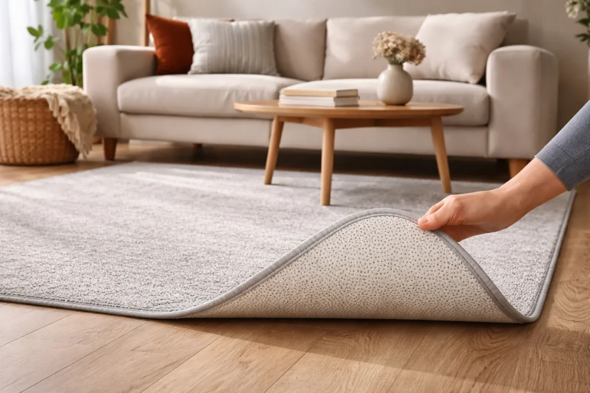 Dywan antypoślizgowy w salonie na drewnianej podłodze z widocznym spodem antypoślizgowym