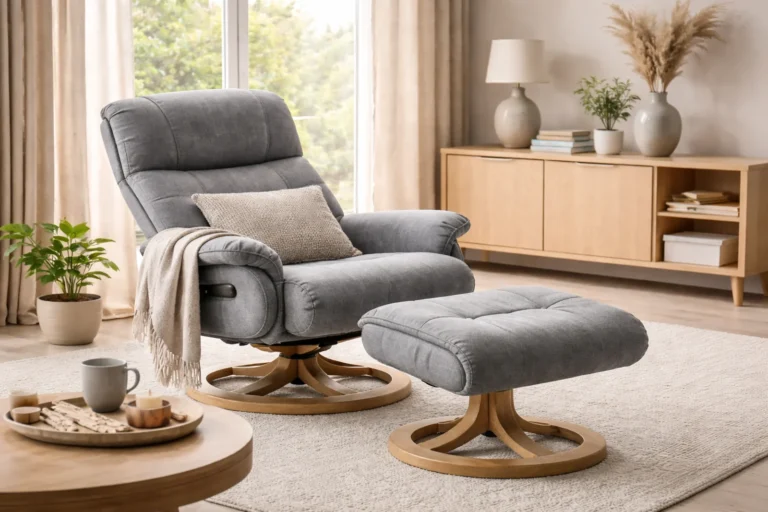 Fotel rozkładany z podnóżkiem w jasnym salonie, tapicerowany szarą tkaniną, ustawiony obok stolika kawowego