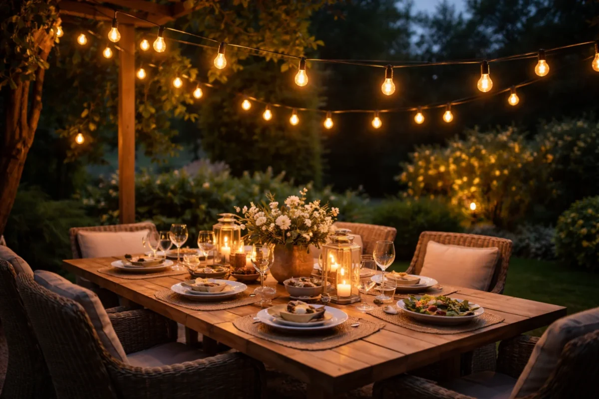 Girlanda świetlna nad stołem ogrodowym pod pergolą, wieczorna aranżacja tarasu z ciepłym światłem