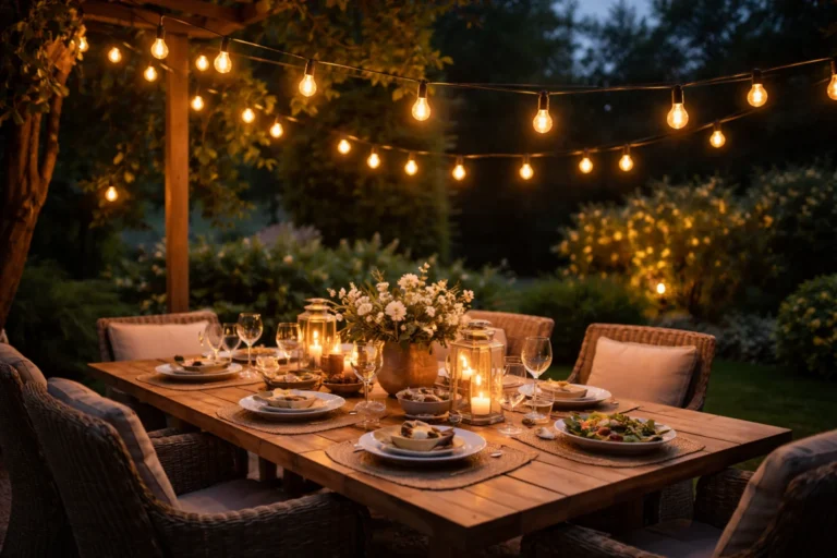 Girlanda świetlna nad stołem ogrodowym pod pergolą, wieczorna aranżacja tarasu z ciepłym światłem