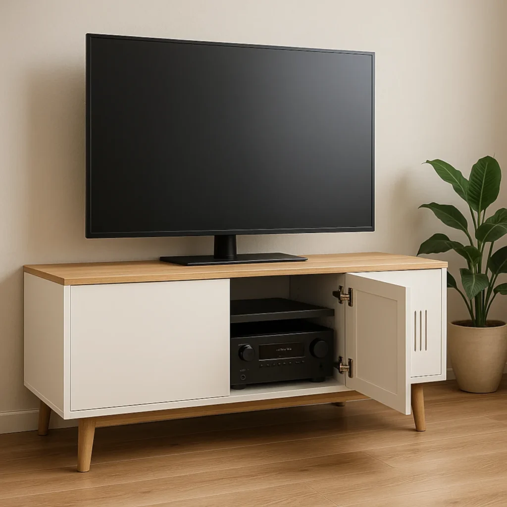 Stojąca komoda RTV z matowymi frontami i amplitunerem wewnątrz
