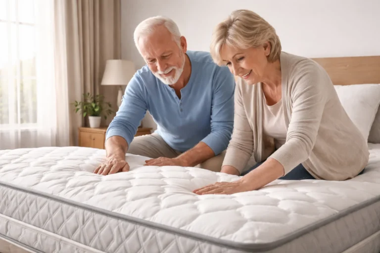 Seniorzy testują materac ortopedyczny w sypialni, sprawdzając jego wygodę i podparcie dla kręgosłupa