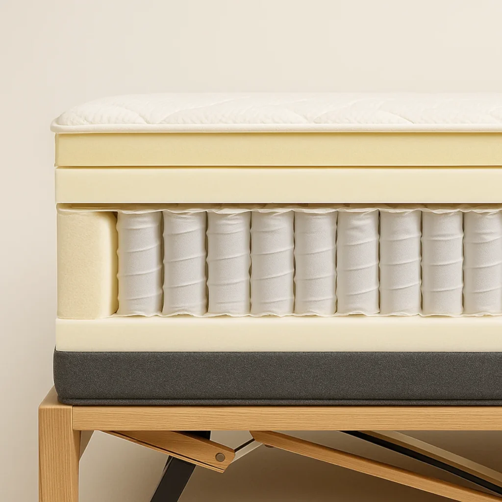 Materac ortopedyczny dla seniora na ból kręgosłupa – przekrój warstw: pianka, sprężyny kieszeniowe, baza stabilizująca