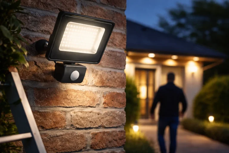 Naświetlacz LED z czujnikiem ruchu zamontowany na ceglanej ścianie przy wejściu do domu po zmroku