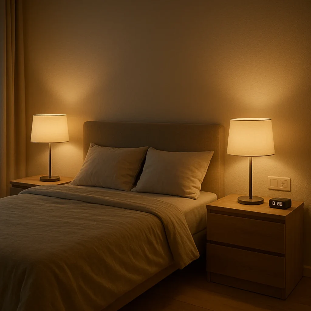 Nowoczesne lampy do sypialni w formie dwóch lampek nocnych na szafkach