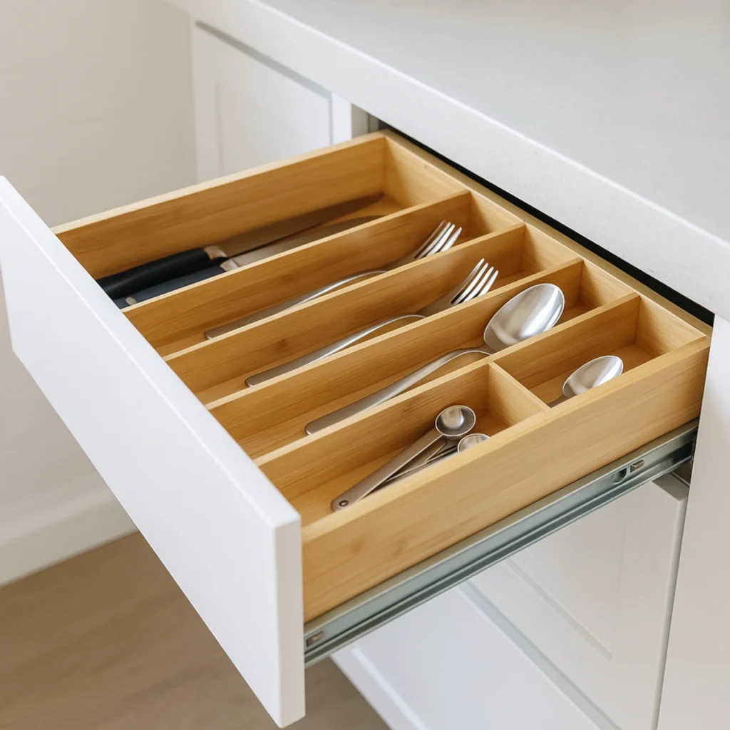 Organizer do szuflady kuchennej z bambusa w nowoczesnej kuchni