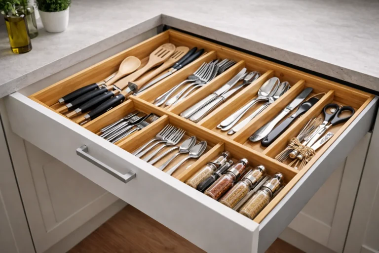 Otwarta szuflada kuchenna z bambusowym organizerem na sztućce i akcesoria kuchenne w nowoczesnej jasnej kuchni