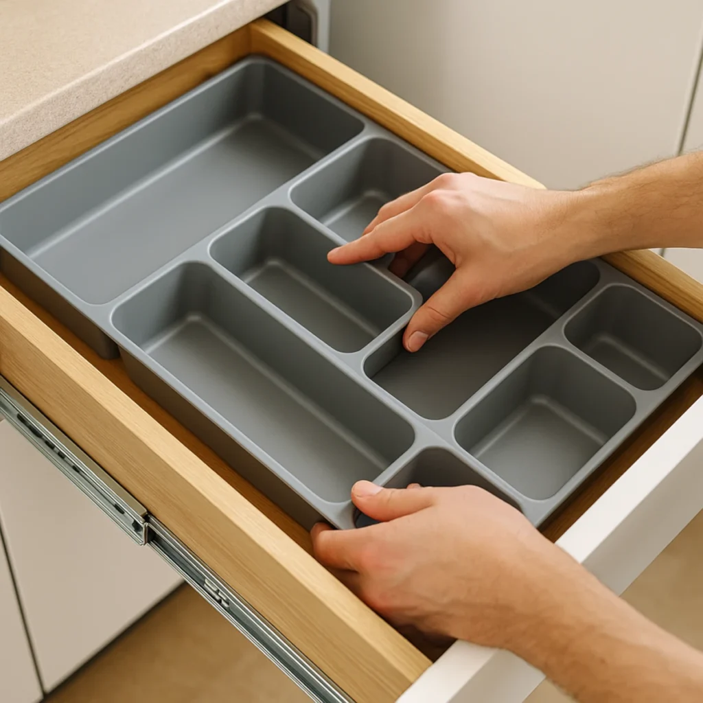 Organizer do szuflady kuchennej – układanie modułowych przegródek