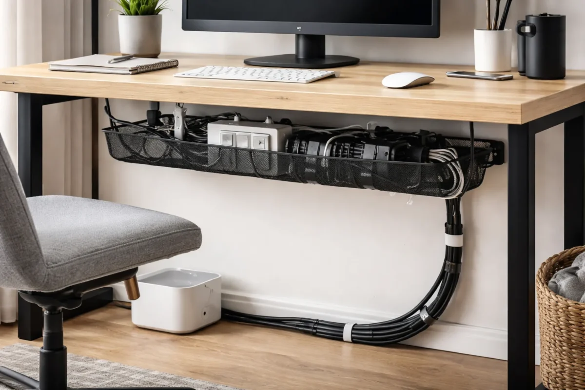 Organizer na kable pod biurko zamontowany pod drewnianym blatem w domowym biurze