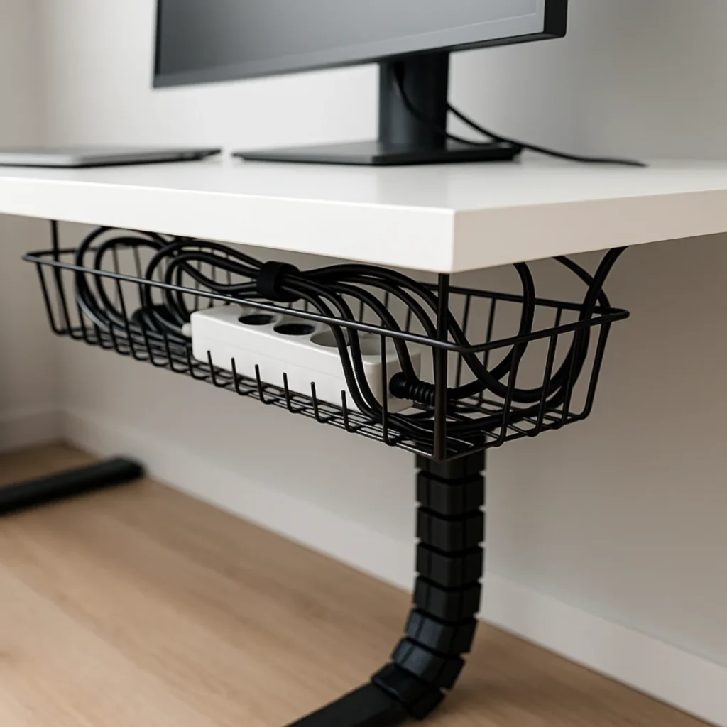 Organizer na kable pod biurko z koszykiem podblatowym i listwą zasilającą