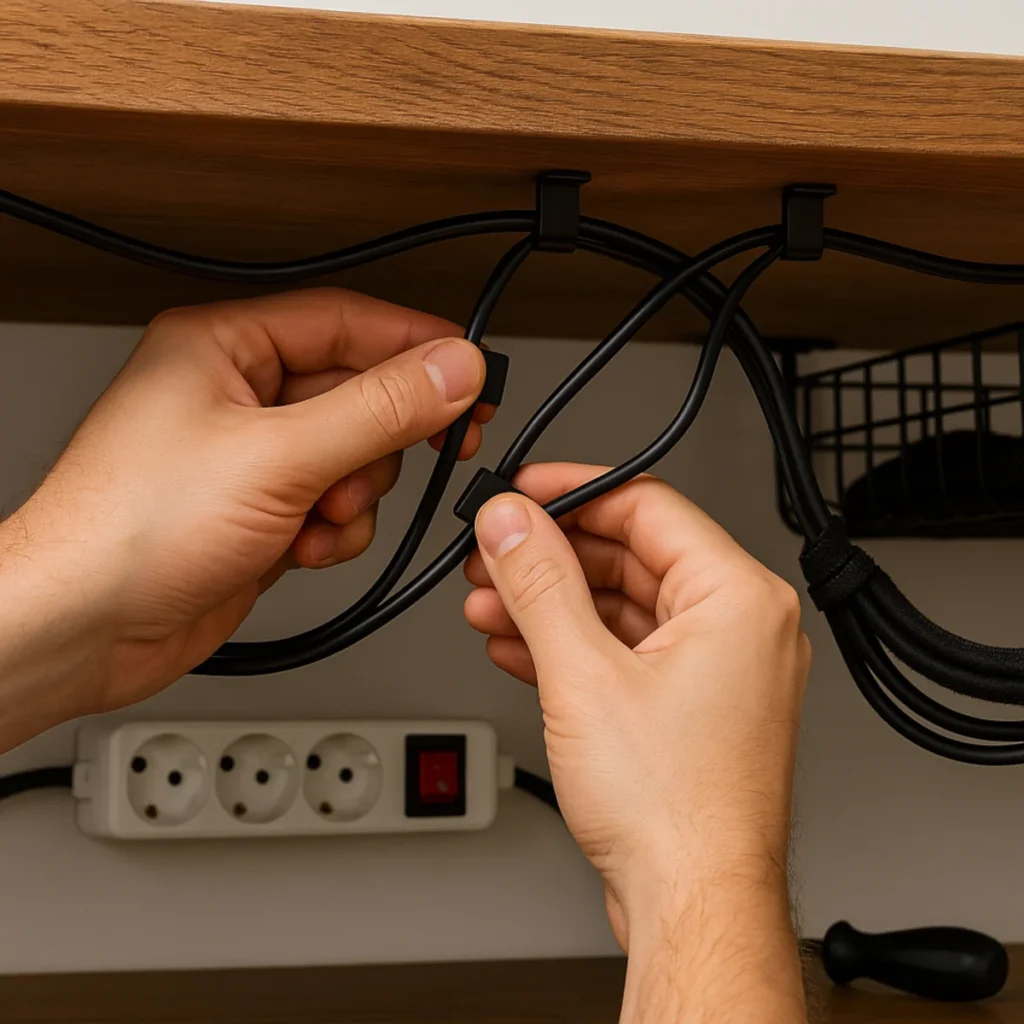 Organizer na kable pod biurko – montaż klipsów i ułożenie przewodów pod blatem