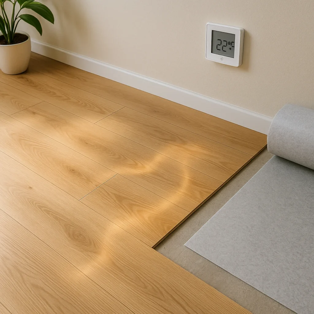 Panele laminowane na ogrzewaniu podłogowym – widoczny podkład i termostat 22 °C