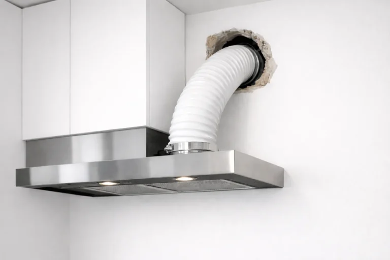 Podłączenie okapu kuchennego do wentylacji w bloku przy białej ścianie