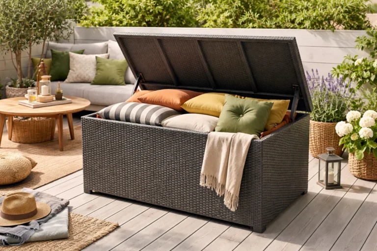 Skrzynia na poduszki ogrodowe z otwartą pokrywą na nowoczesnym tarasie z poduszkami i dodatkami ogrodowymi