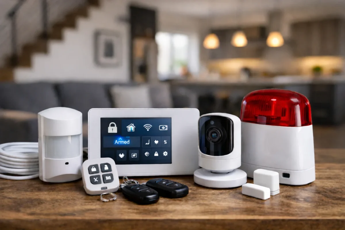 Nowoczesny zestaw alarmowy do domu z centralą, czujką ruchu, kamerą, syreną i czujnikami na stole w salonie