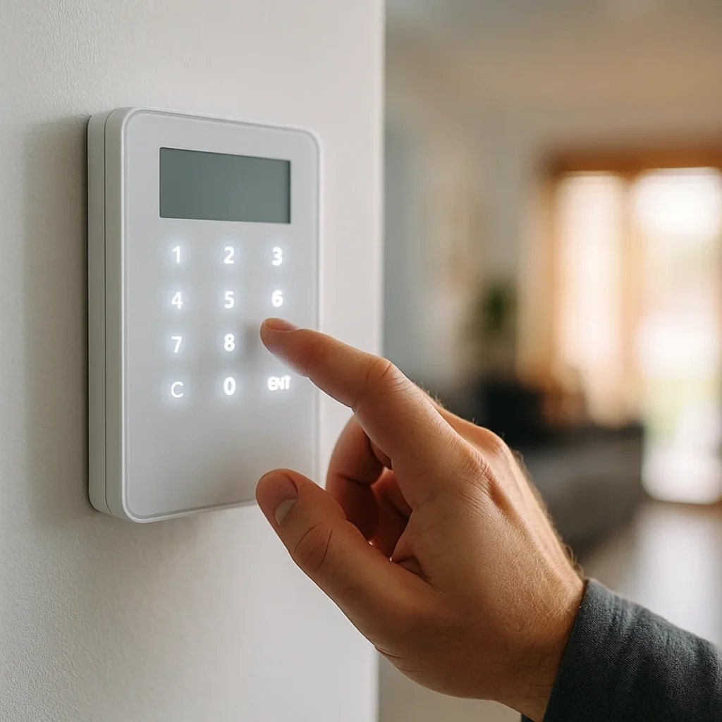Dłoń wpisuje kod na klawiaturze systemu alarmowego w korytarzu, w tle rozmyte wnętrze domu.