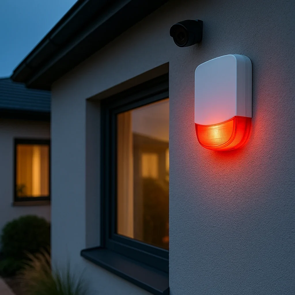 Zewnętrzny sygnalizator alarmu na elewacji nowoczesnego domu o zmierzchu.