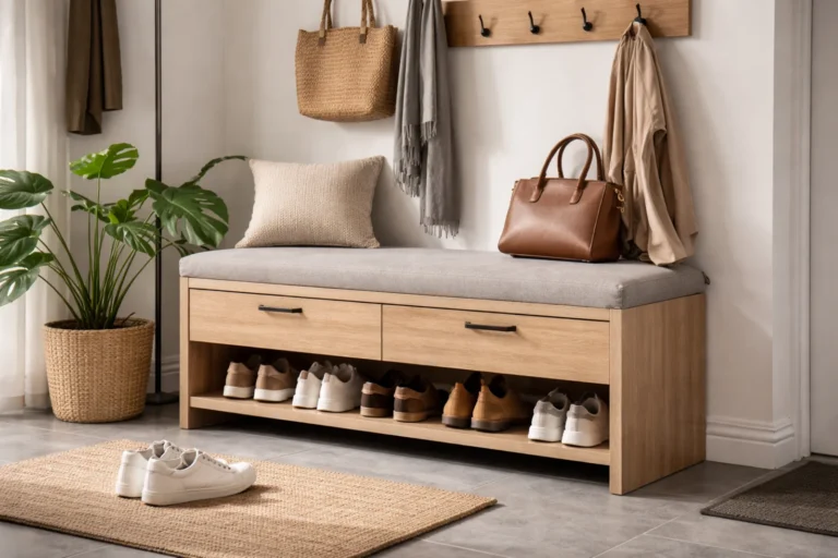 Szafka na buty z siedziskiem w jasnym przedpokoju, z półką na obuwie i tapicerowanym siedziskiem