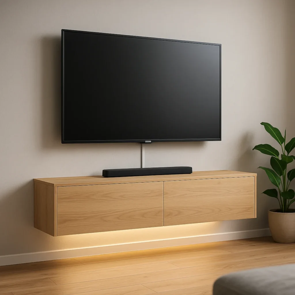 Szafka wisząca pod TV z forniru dębowego i ukrytym prowadzeniem kabli