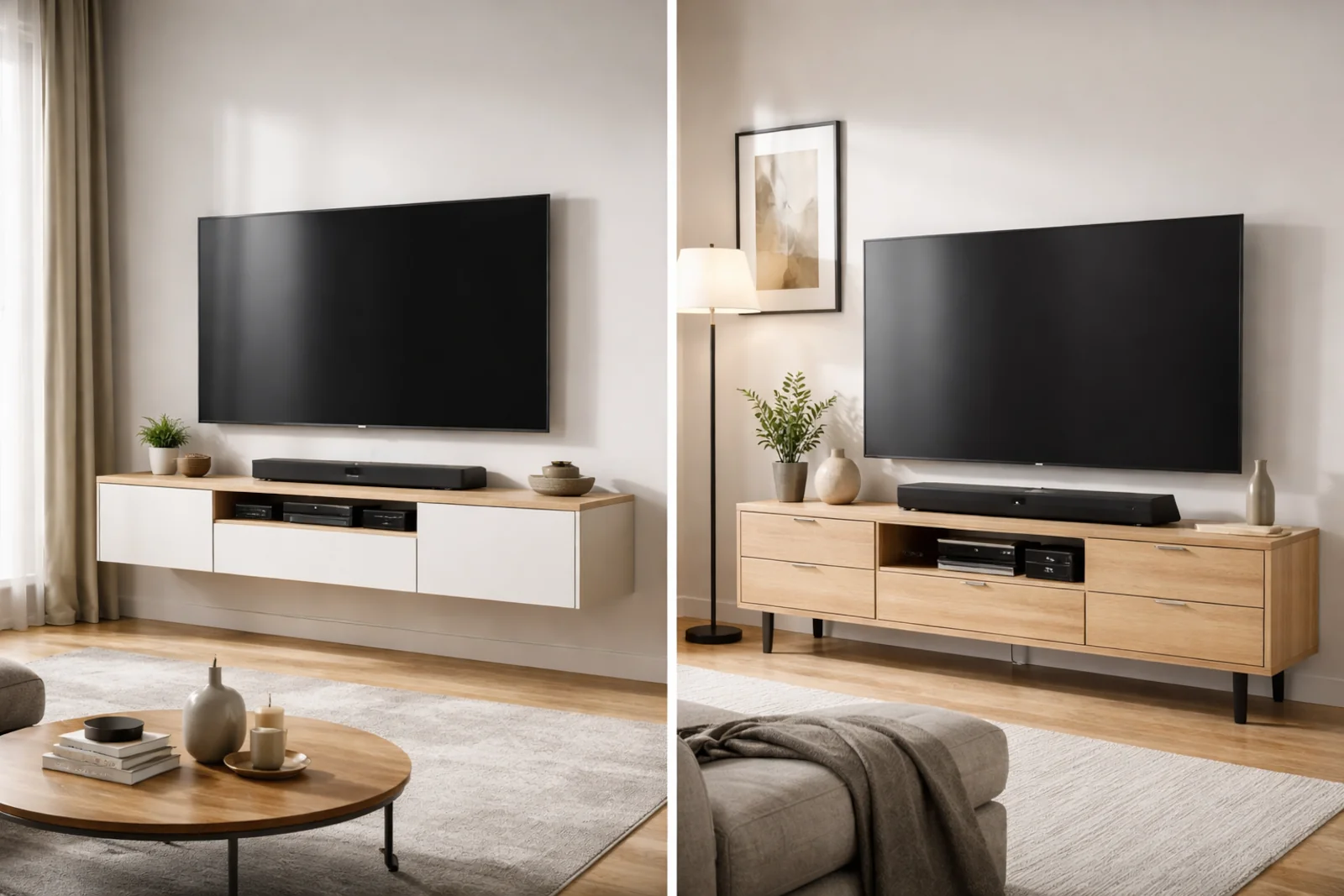 Nowoczesny salon z telewizorem oraz porównaniem dwóch rozwiązań RTV: szafki wiszącej pod TV i komody RTV