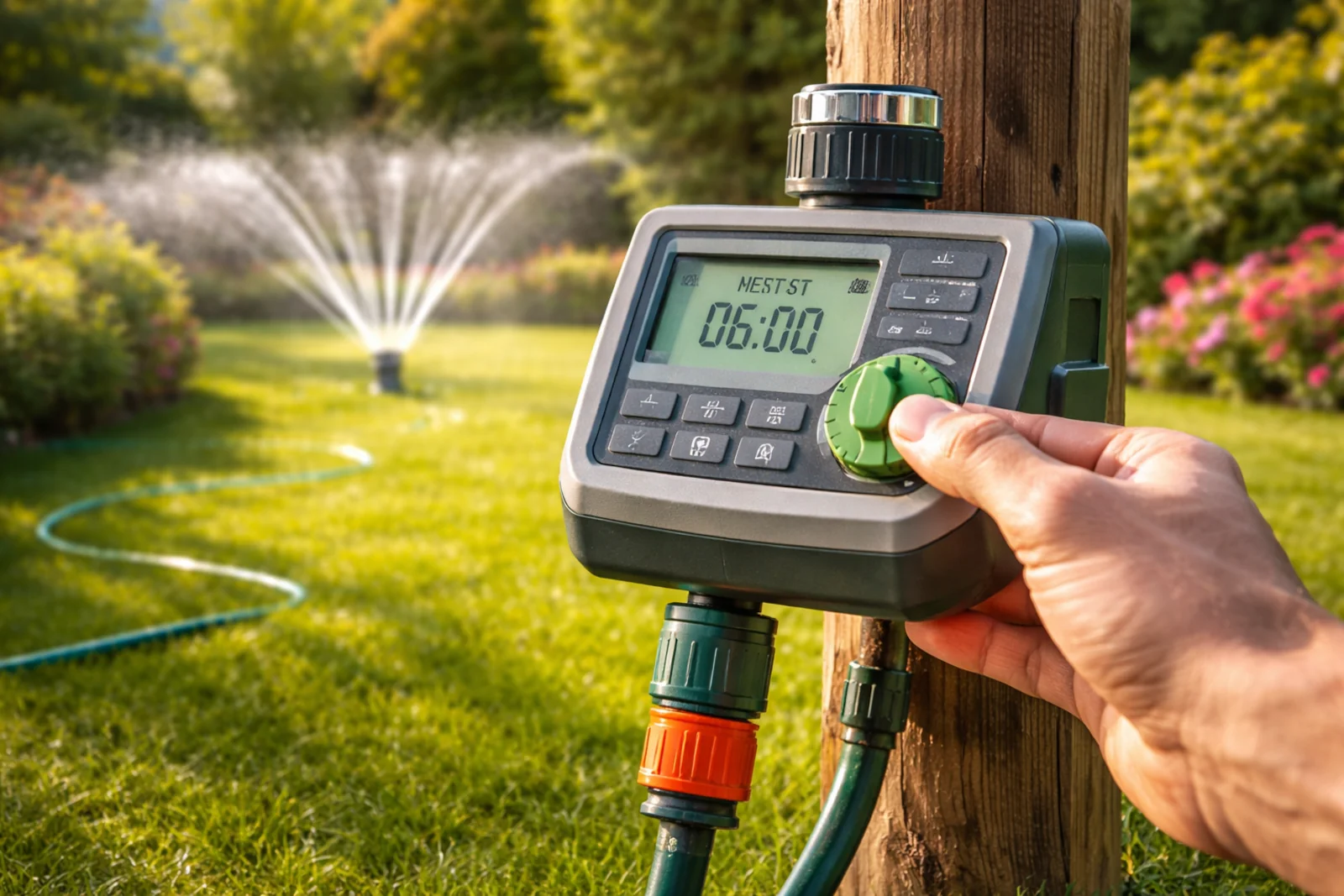 Sterownik nawadniania zamontowany przy trawniku podczas pracy automatycznego systemu podlewania ogrodu