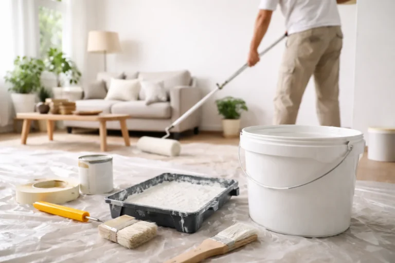 Biała lateksowa farba do wnętrz podczas malowania jasnego salonu wałkiem i akcesoriami malarskimi