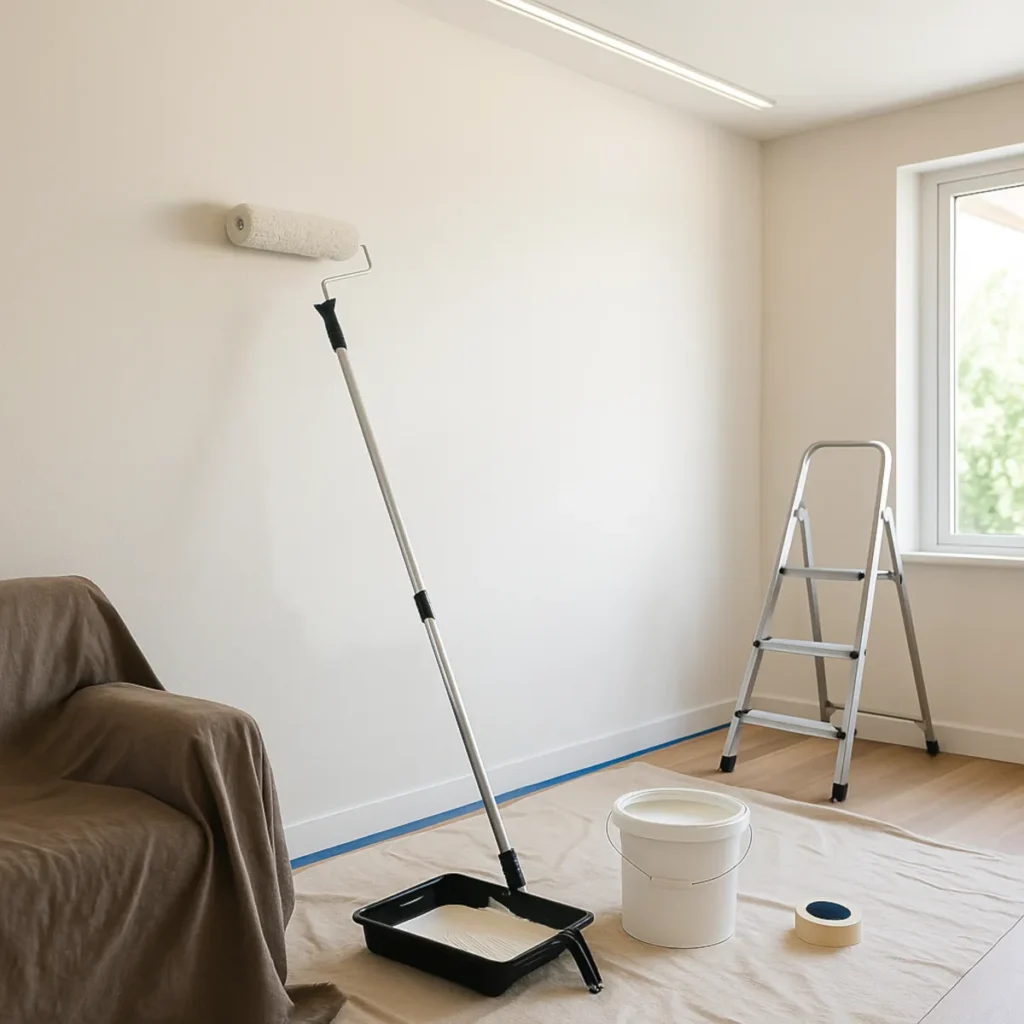 Biała lateksowa farba do wnętrz nakładana wałkiem w salonie, kuweta, taśma malarska i drabina na folii ochronnej