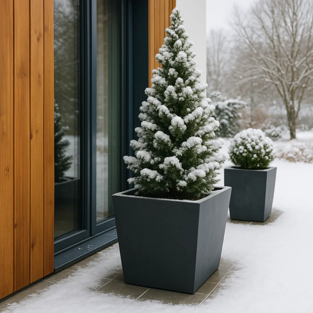 Donice mrozoodporne na taras z iglakiem przy nowoczesnym domu zimą