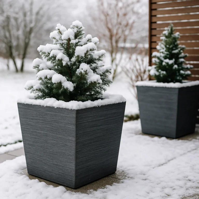 Donice mrozoodporne na taras z iglakami obsypanymi śniegiem przy nowoczesnej zabudowie
