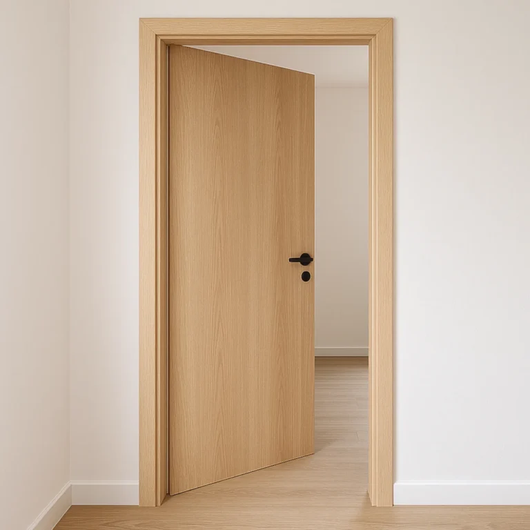 Drzwi wewnętrzne z ościeżnicą regulowaną w nowoczesnym, jasnym wnętrzu