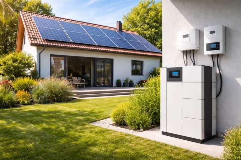 Dom jednorodzinny z panelami fotowoltaicznymi na dachu i magazynem energii zamontowanym przy elewacji budynku