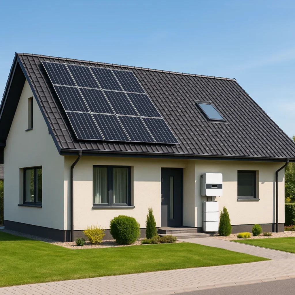 Nowoczesny dom jednorodzinny z panelami fotowoltaicznymi na dachu