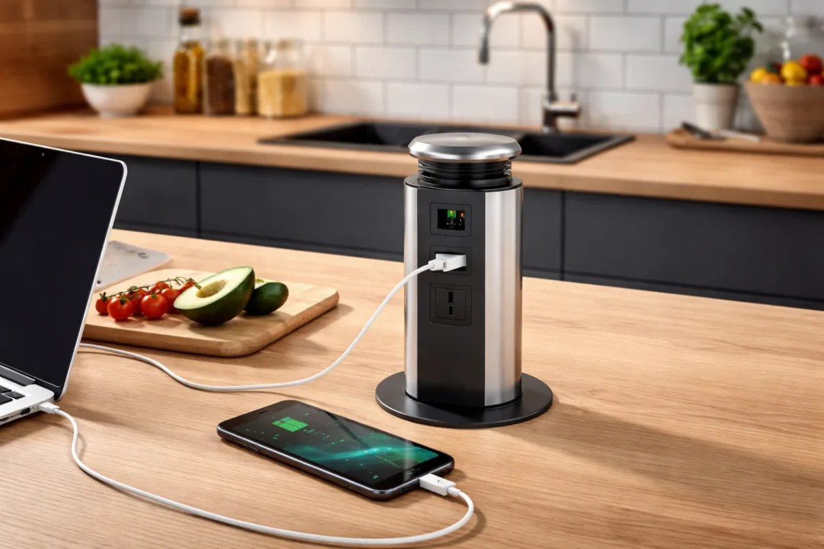 Gniazdo z USB wysuwane z blatu w nowoczesnej kuchni obok laptopa i ładowanego smartfona