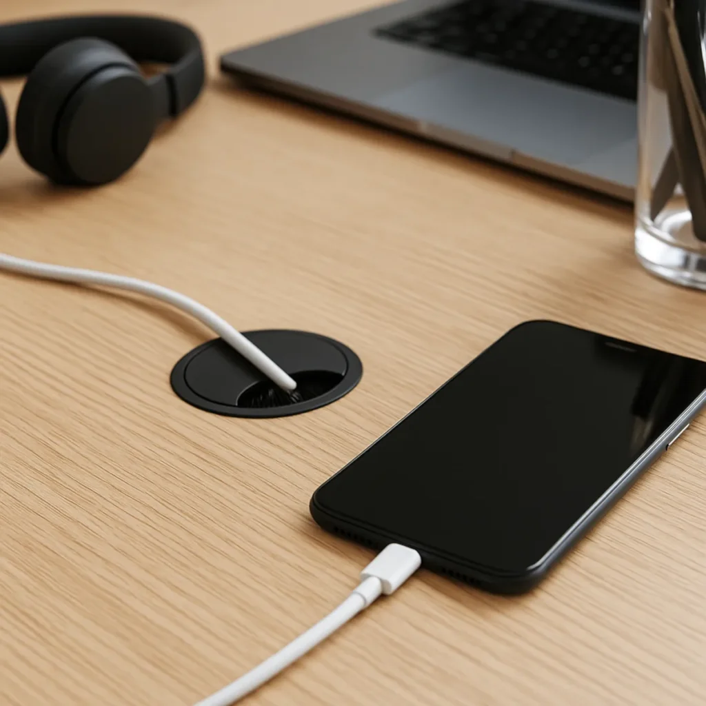 Gniazda z USB do kuchni i biura – przelotka biurkowa z realistycznym otworem szczotkowym, telefon ładuje się obok laptopa.