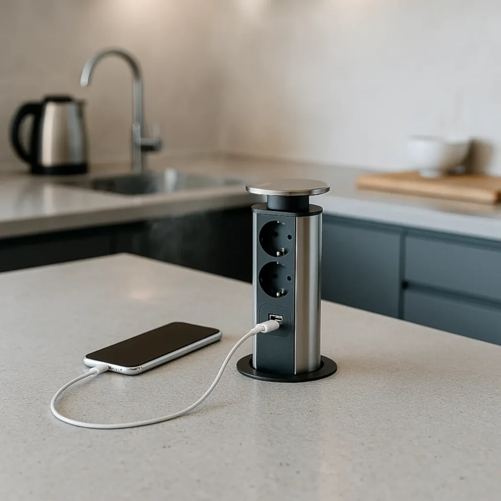 Gniazda z USB do kuchni i biura – wysuwana kolumna w blacie z USB-C i USB obok zlewu, telefon ładuje się na blacie.